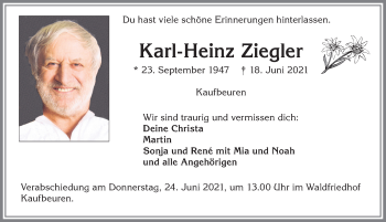 Traueranzeige von Karl-Heinz Ziegler von Allgäuer Zeitung, Kaufbeuren/Buchloe