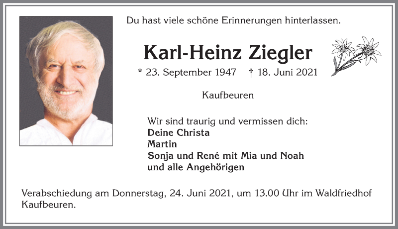  Traueranzeige für Karl-Heinz Ziegler vom 23.06.2021 aus Allgäuer Zeitung, Kaufbeuren/Buchloe