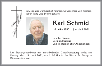 Traueranzeige von Karl Schmid von Allgäuer Zeitung, Marktoberdorf