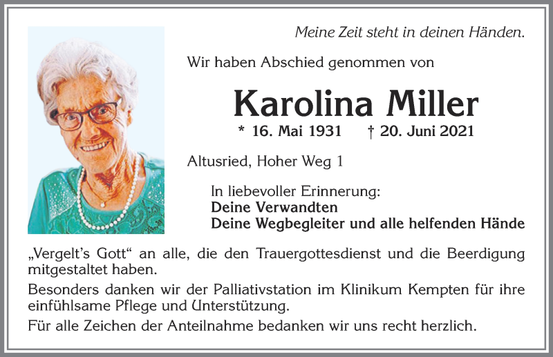  Traueranzeige für Karolina Miller vom 30.06.2021 aus Allgäuer Zeitung,Kempten