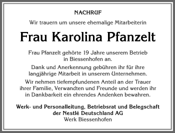 Traueranzeige von Karolina Pfanzelt von Allgäuer Zeitung