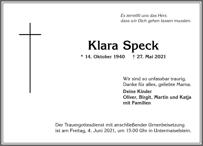  Traueranzeige für Klara Speck vom 02.06.2021 aus Allgäuer Anzeigeblatt