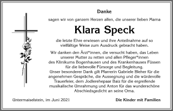 Traueranzeige von Klara Speck von Allgäuer Anzeigeblatt