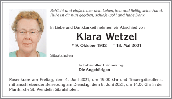 Traueranzeige von Klara Wetzel von Allgäuer Zeitung,Kempten