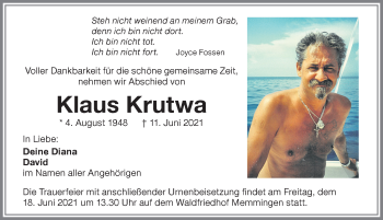 Traueranzeige von Klaus Krutwa von Memminger Zeitung