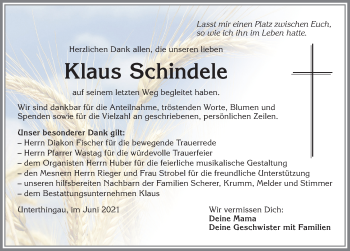 Traueranzeige von Klaus Schindele von Allgäuer Zeitung, Marktoberdorf