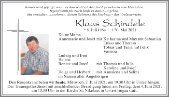 Traueranzeige von Klaus Schindele von Allgäuer Zeitung, Marktoberdorf
