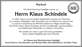 Traueranzeige von Klaus Schindele von Allgäuer Zeitung, Kaufbeuren/Buchloe