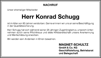 Traueranzeige von Konrad Schugg von Memminger Zeitung