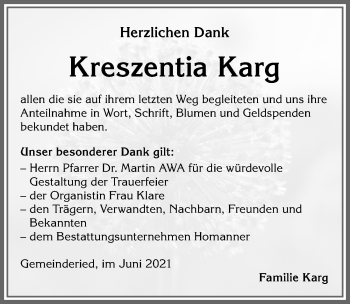 Traueranzeige von Kreszentia Karg von Allgäuer Zeitung,Kempten