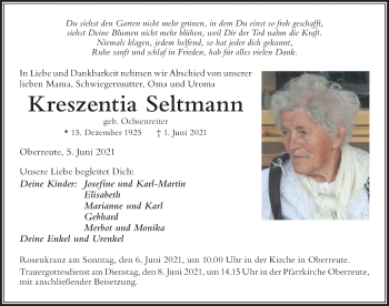 Traueranzeige von Kreszentia Seltmann von Der Westallgäuer