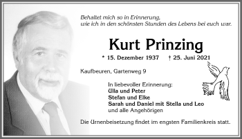 Traueranzeige von Kurt Prinzing von Allgäuer Zeitung, Kaufbeuren/Buchloe