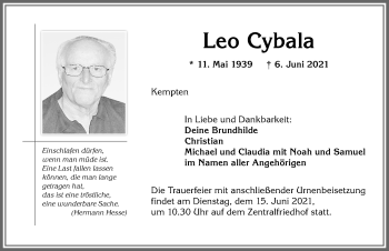 Traueranzeige von Leo Cybala von Allgäuer Zeitung,Kempten