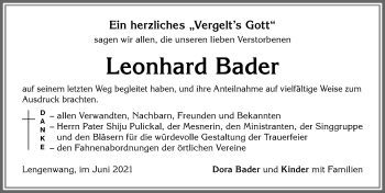 Traueranzeige von Leonhard Bader von Allgäuer Zeitung, Marktoberdorf