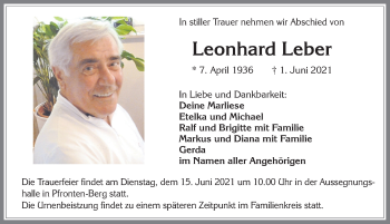 Traueranzeige von Leonhard Leber von Allgäuer Zeitung, Füssen