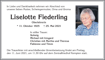 Traueranzeige von Liselotte Fiederling von Allgäuer Zeitung,Kempten