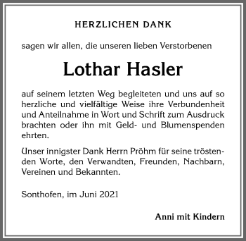 Traueranzeige von Lothar Hasler von Allgäuer Anzeigeblatt
