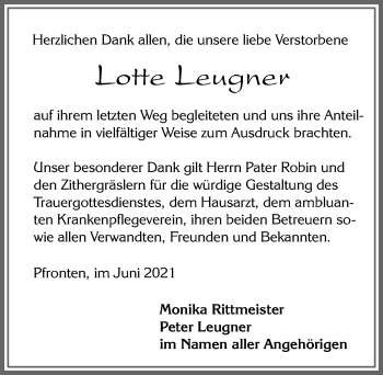 Traueranzeige von Lotte Leugner von Allgäuer Zeitung, Füssen