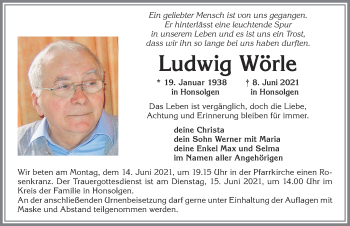 Traueranzeige von Ludwig Wörle von Allgäuer Zeitung, Kaufbeuren/Buchloe
