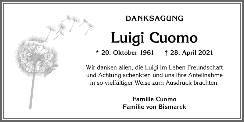  Traueranzeige für Luigi Cuomo vom 09.06.2021 aus Allgäuer Zeitung, Kaufbeuren/Buchloe