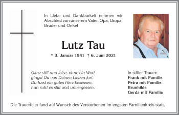 Traueranzeige von Lutz Tau von Allgäuer Anzeigeblatt
