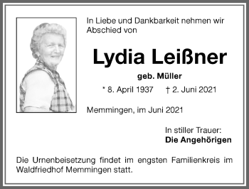 Traueranzeige von Lydia Leißner von Memminger Zeitung