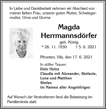 Traueranzeige von Magda Herrmannsdörfer von Allgäuer Zeitung, Füssen