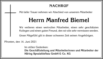 Traueranzeige von Manfred Biemel von Allgäuer Zeitung, Füssen