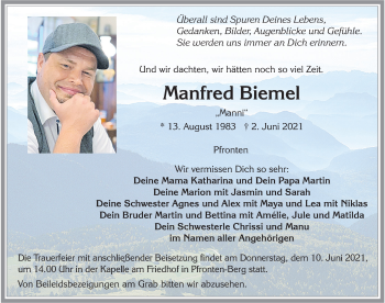 Traueranzeige von Manfred Biemel von Allgäuer Zeitung, Füssen