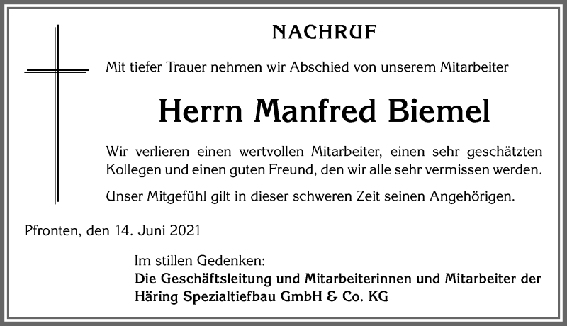  Traueranzeige für Manfred Biemel vom 14.06.2021 aus Allgäuer Zeitung, Füssen