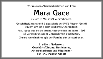 Traueranzeige von Mara Gace von Allgäuer Zeitung, Füssen