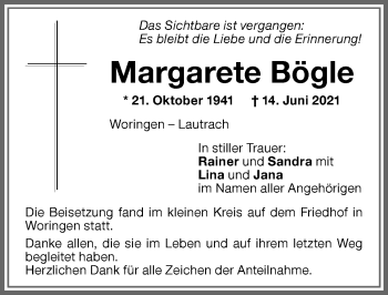 Traueranzeige von Margarete Bögle von Memminger Zeitung