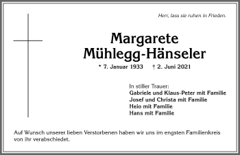 Traueranzeige von Margarete Mühlegg-Hänseler von Allgäuer Anzeigeblatt