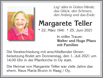Traueranzeige von Margarete Teller von Allgäuer Zeitung,Kempten
