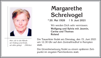 Traueranzeige von Margarethe Schreivogel von Allgäuer Zeitung,Kempten