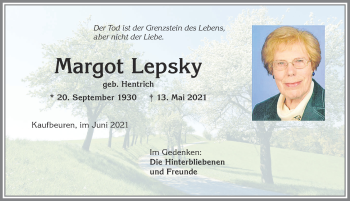 Traueranzeige von Margot Lepsky von Allgäuer Zeitung, Kaufbeuren/Buchloe