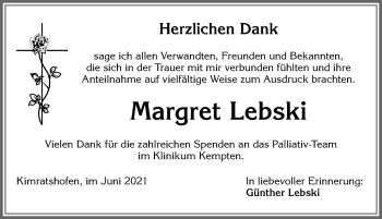 Traueranzeige von Margret Lebski von Allgäuer Zeitung,Kempten