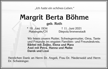 Traueranzeige von Margrit Berta Böhme von Allgäuer Anzeigeblatt