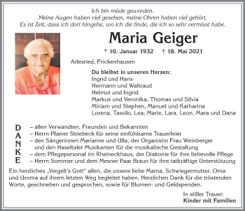 Traueranzeige von Maria Geiger von Memminger Zeitung