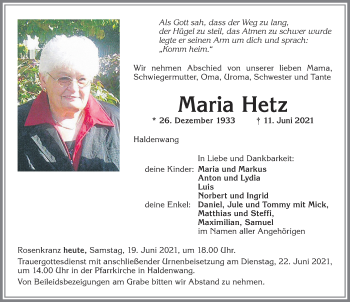 Traueranzeige von Maria Hetz von Allgäuer Zeitung,Kempten