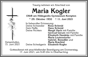 Traueranzeige von Maria Kogler von Allgäuer Zeitung,Kempten
