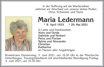 Traueranzeige von Maria Ledermann von Allgäuer Zeitung, Marktoberdorf