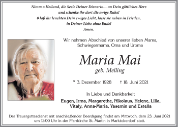 Traueranzeige von Maria Mai von Allgäuer Zeitung, Marktoberdorf