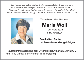 Traueranzeige von Maria Wolf von Memminger Zeitung