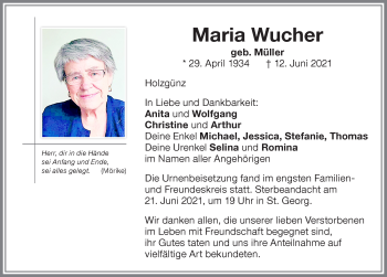 Traueranzeige von Maria Wucher von Memminger Zeitung