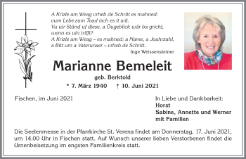 Traueranzeige von Marianne Bemeleit von Allgäuer Anzeigeblatt