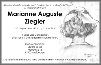Traueranzeige von Marianne Auguste Ziegler von Allgäuer Zeitung, Kaufbeuren/Buchloe