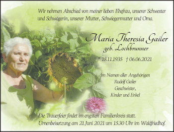 Traueranzeige von Maria Theresia Gailer von Memminger Zeitung