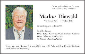 Traueranzeige von Markus Diewald von Der Westallgäuer