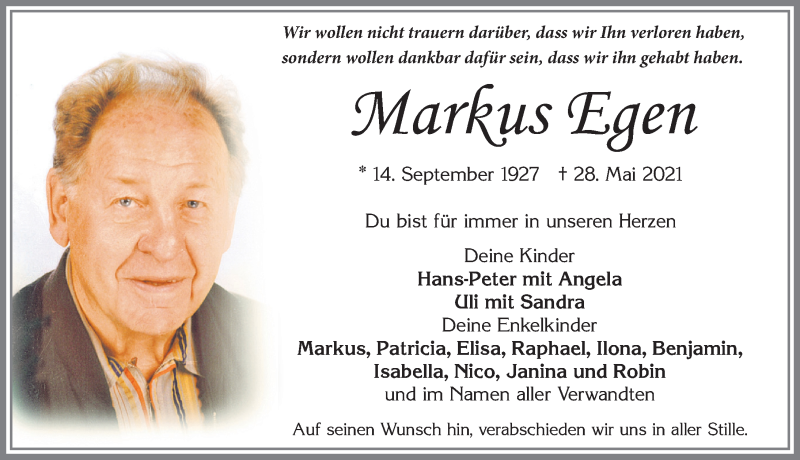  Traueranzeige für Markus Egen vom 02.06.2021 aus Allgäuer Zeitung, Füssen